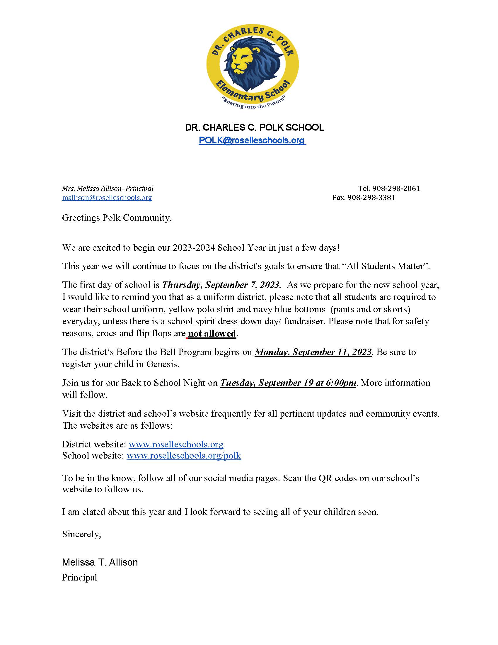 Polk School Welcome Letter 23-24SY